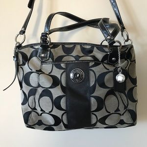 Grey + black Coach signature jacquard fabric purse
